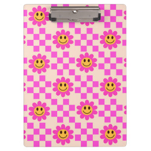Chequered Hot Pink Smiling Flowers with Squares Clipboard
