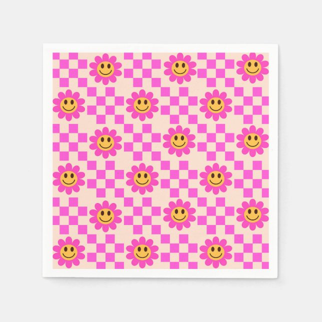 Chequered Hot Pink Smiling Flowers with squares  Napkin (Front)