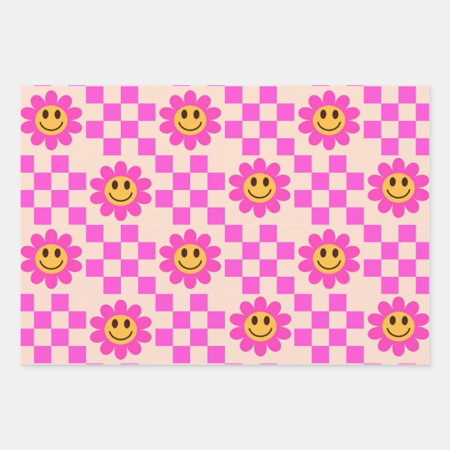 Chequered Hot Pink Smiling Flowers with squares  Wrapping Paper Sheet (Front)