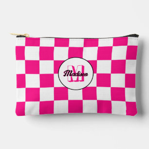 Chequered Hot pink white geometric retro Monogram Accessory Pouch