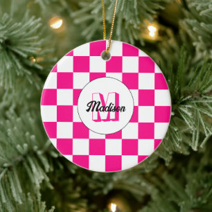 Chequered Hot pink white geometric retro Monogram Ceramic Ornament