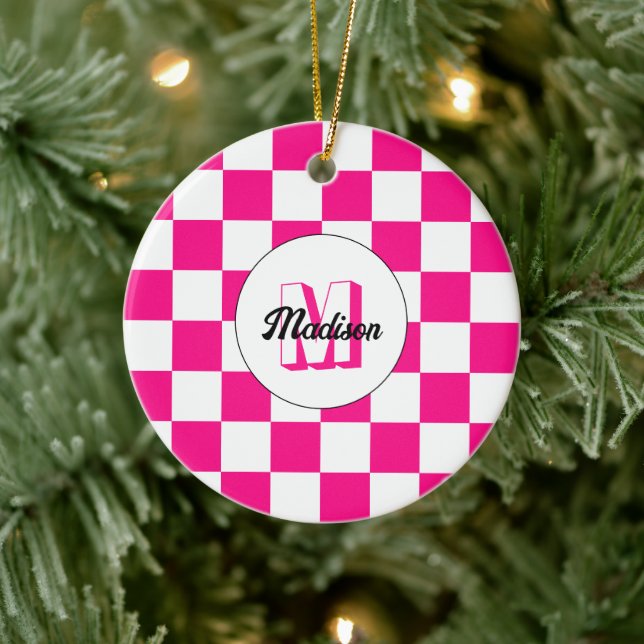 Chequered Hot pink white geometric retro Monogram Ceramic Ornament (Tree)