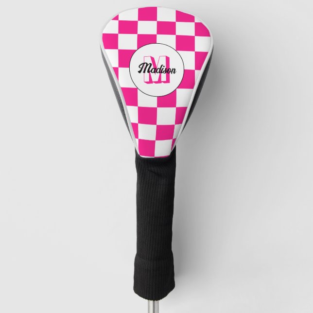 Chequered Hot pink white geometric retro Monogram Golf Head Cover (Front)