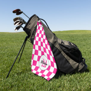 Chequered Hot pink white geometric retro Monogram Golf Towel