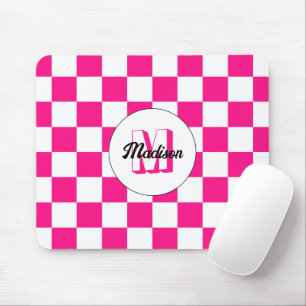 Chequered Hot pink white geometric retro Monogram Mouse Pad