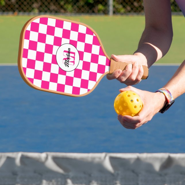 Chequered Hot pink white geometric retro Monogram Pickleball Paddle (Insitu)