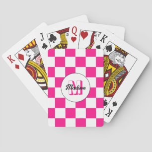 Chequered Hot pink white geometric retro Monogram Playing Cards