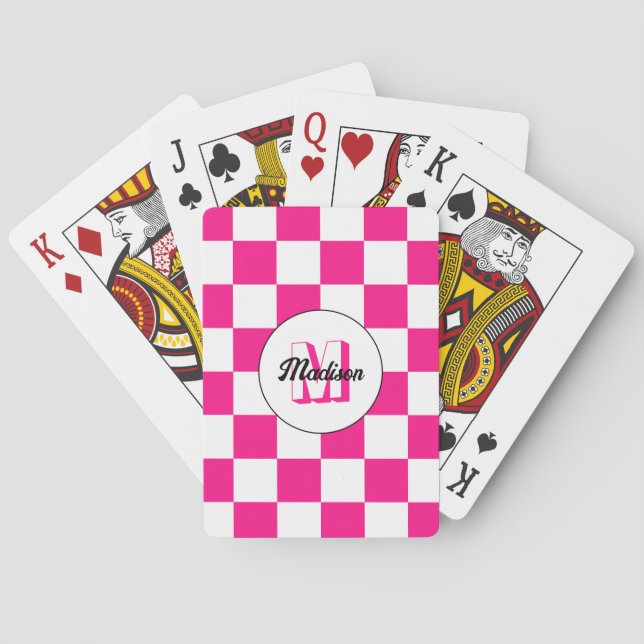 Chequered Hot pink white geometric retro Monogram Playing Cards (Back)