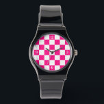 Chequered hot pink white geometric retro w numbers watch<br><div class="desc">Chequered squares hot pink white geometric retro pattern Wrist Watch. Fashion Accessory gift for her. Cool retro chequered geometric square pattern. Vintage tile white and hot pink modern chequered.</div>