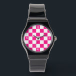 Chequered hot pink white geometric retro w numbers watch<br><div class="desc">Chequered squares hot pink white geometric retro pattern Wrist Watch. Fashion Accessory gift for her. Cool retro chequered geometric square pattern. Vintage tile white and hot pink modern chequered.</div>