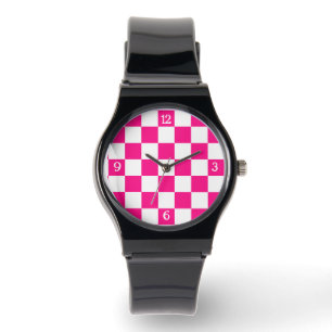 Chequered hot pink white geometric retro w numbers watch