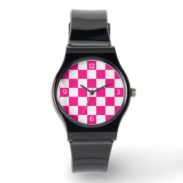 Chequered hot pink white geometric retro w numbers watch (Front)