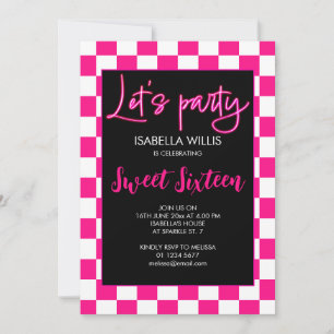 Chequered hot pink white Lets party Sweet 16 photo Invitation