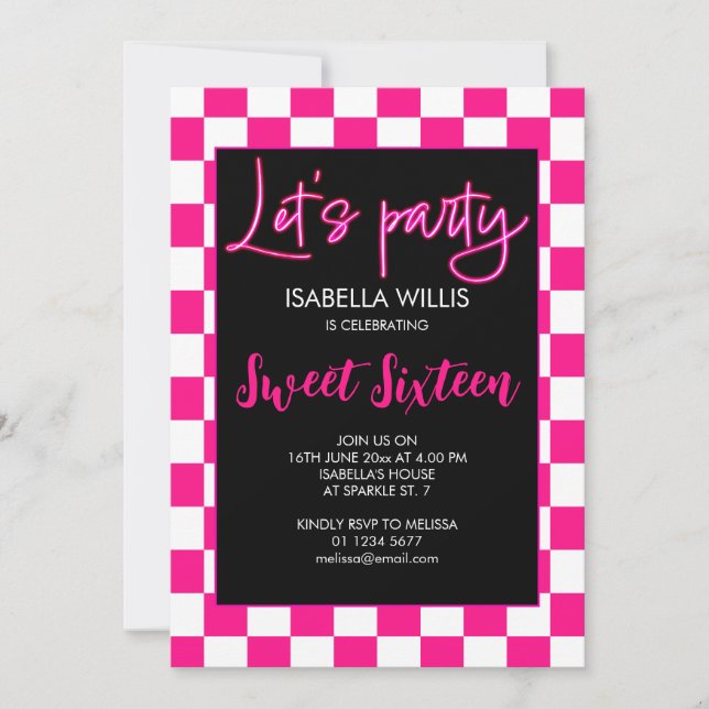 Chequered hot pink white Lets party Sweet 16 photo Invitation (Front)