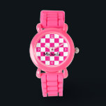 Chequered hot pink white retro w numbers Your name Watch<br><div class="desc">Chequered hot pink white retro Wrist Watch with numbers and Your name WatchCheckered squares hot pink white geometric retro pattern Fashion Accessory Wrist Watch gift for her. Cool retro chequered geometric square pattern. Vintage tile white and hot pink modern chequered.</div>
