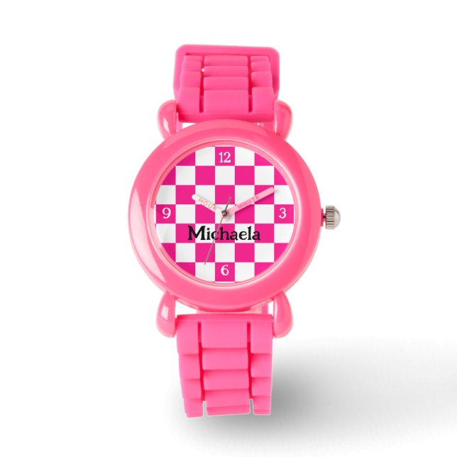 Chequered hot pink white retro w numbers Your name Watch (Front)