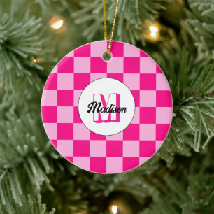 Chequered light hot pink geometric retro Monogram Ceramic Ornament