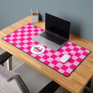 Chequered light hot pink geometric retro Monogram Desk Mat