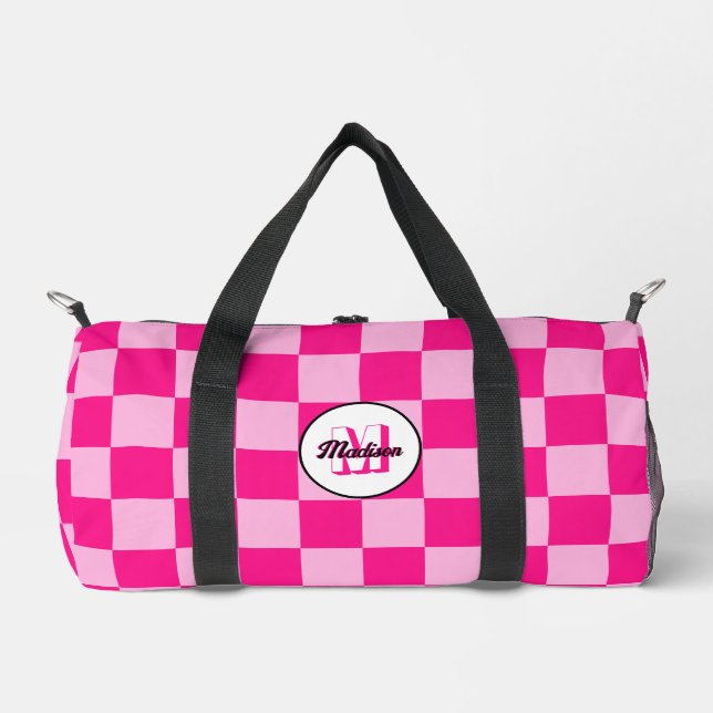 Chequered light hot pink geometric retro Monogram Duffle Bag (Front)