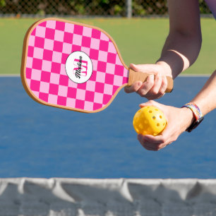 Chequered light hot pink geometric retro Monogram Pickleball Paddle