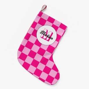 Chequered light hot pink geometric retro Monogram Small Christmas Stocking