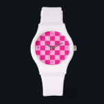 Chequered light hot pink geometric retro w numbers watch<br><div class="desc">Chequered hot pink light pink geometric retro with numbers Watch. Fashion Accessory Wrist Watch gift for her. Cool retro chequered geometric square pattern. Vintage tile hot pink modern chequered.</div>