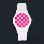 Chequered light hot pink geometric retro w numbers watch<br><div class="desc">Chequered hot pink light pink geometric retro with numbers Watch. Fashion Accessory Wrist Watch gift for her. Cool retro chequered geometric square pattern. Vintage tile hot pink modern chequered.</div>