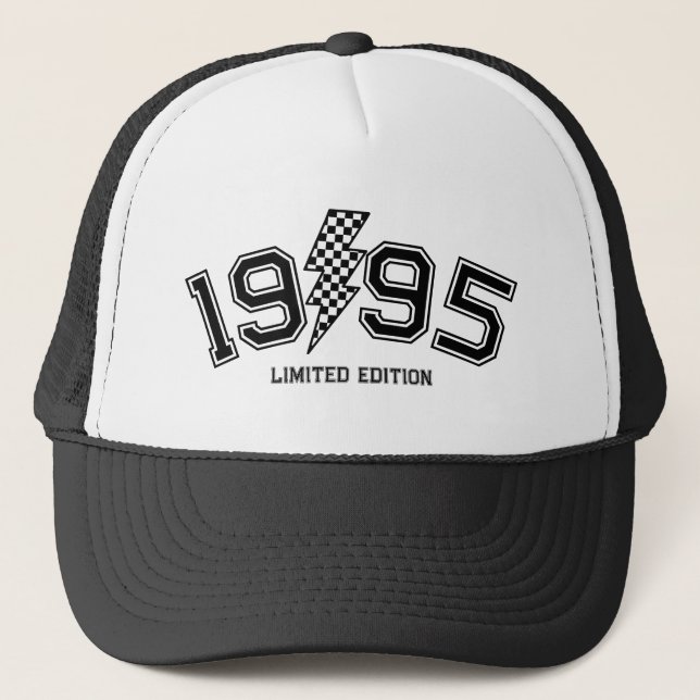 Chequered Lighting Bolt Custom Birth Year Birthday Trucker Hat (Front)