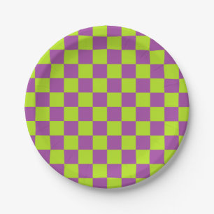 Chequered Lime Green and Purple Paper Plate