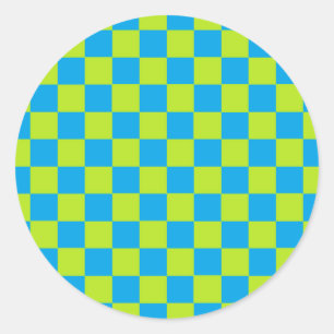 Chequered Lime Green and Turquoise Classic Round Sticker