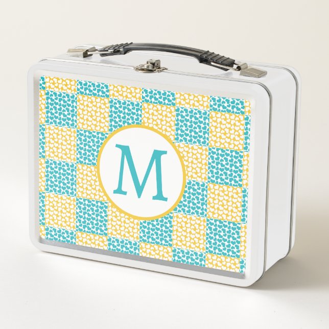 Chequered Love in Turquoise, Yellow, and White Metal Lunch Box (Front)