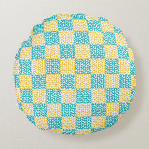 Chequered Love in Turquoise, Yellow, and White Round Cushion