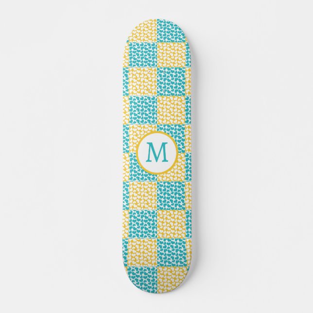Chequered Love in Turquoise, Yellow, and White Skateboard (Front)