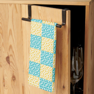 Chequered Love in Turquoise, Yellow, and White Tea Towel