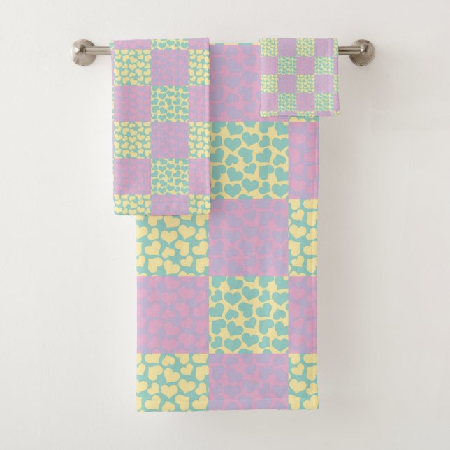 Chequered Love-Pastel Pink, Yellow, Purple & Green Bath Towel Set (Insitu)