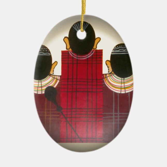 Chequered Maasai Family Portrait Ceramic Tree Decoration (Front)