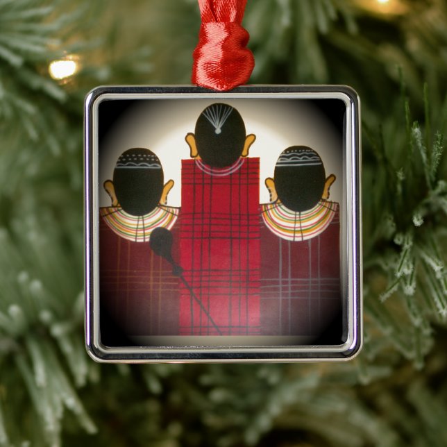 Chequered Maasai Family Portrait Metal Tree Decoration (Tree)