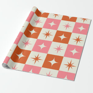 Chequered Mid Century Atomic Stars Pink Orange Wrapping Paper
