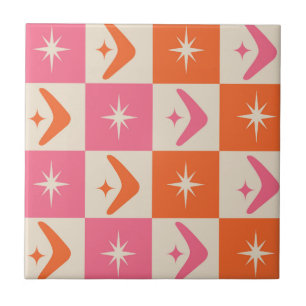 Chequered Mid Century Boomerangs pink and orange  Ceramic Tile