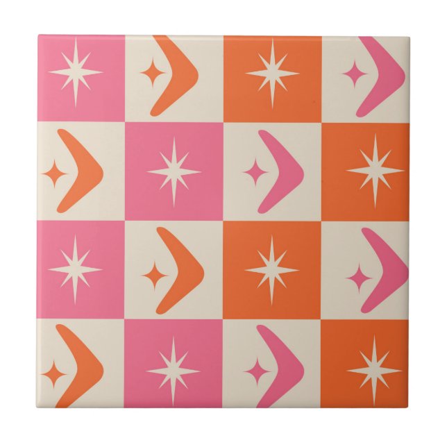 Chequered Mid Century Boomerangs pink and orange  Ceramic Tile (Front)