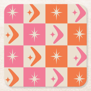 Chequered Mid Century Boomerangs pink and orange  Square Paper Coaster