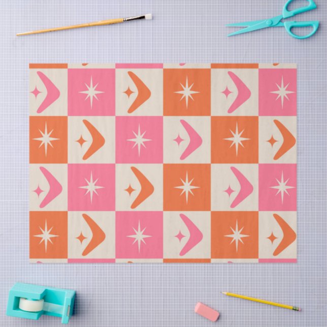 Chequered Mid Century Boomerangs pink and orange  Tissue Paper (Craft)