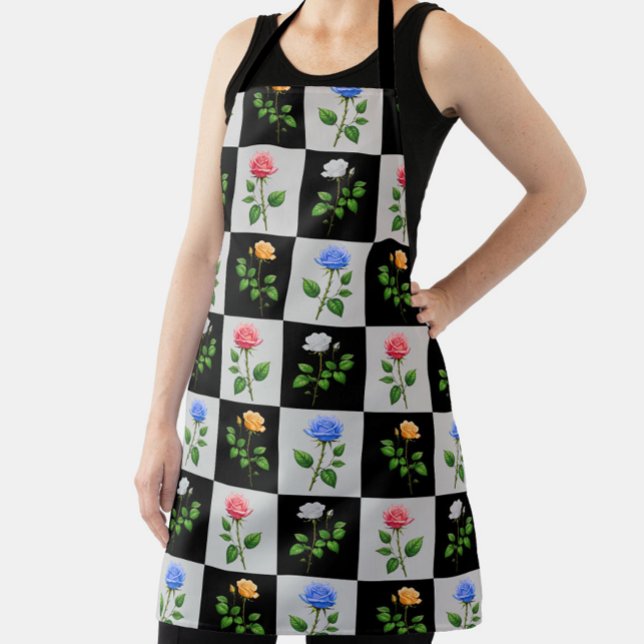 Chequered Multicolored Rose Floral Design  Apron (Creator Uploaded)