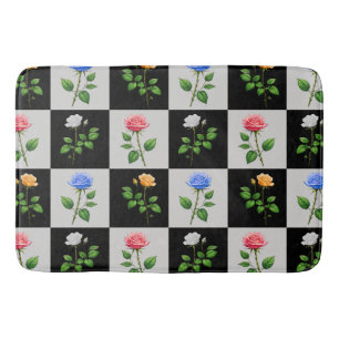 Chequered Multicolored Rose Floral Design Bath Mat