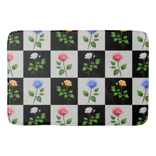 Chequered Multicolored Rose Floral Design  Bath Mat (Front)