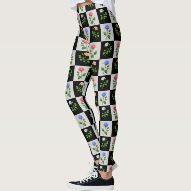 Chequered Multicolored Rose Floral Design  Leggings (Creator Uploaded)