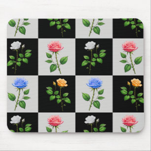 Chequered Multicolored Rose Floral Design Mouse Pad
