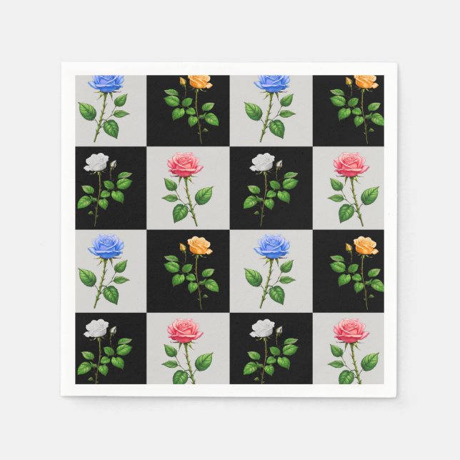 Chequered Multicolored Rose Floral Design  Napkin (Front)