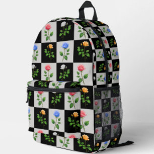 Chequered Multicolored Rose Floral Design Printed Backpack