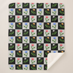 Chequered Multicolored Rose Floral Design  Sherpa Blanket